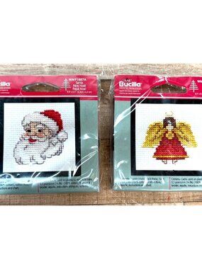 2 Bucilla Counted Cross Stitch Kit Santa & Angel 4"x3" Square Plastic Frame